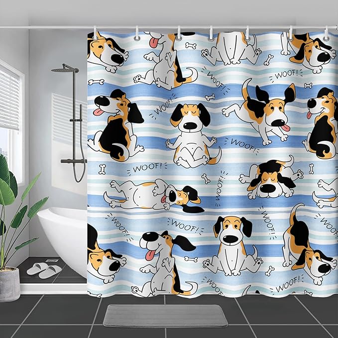 AILONEN Cartoon Dog Shower Curtain,Funny Beagle Active Dog Printed Shower Curtain, 72" W*72" H Waterproof Happy Cartoon Pet Dog Curtain with Grommets and 12 Hooks