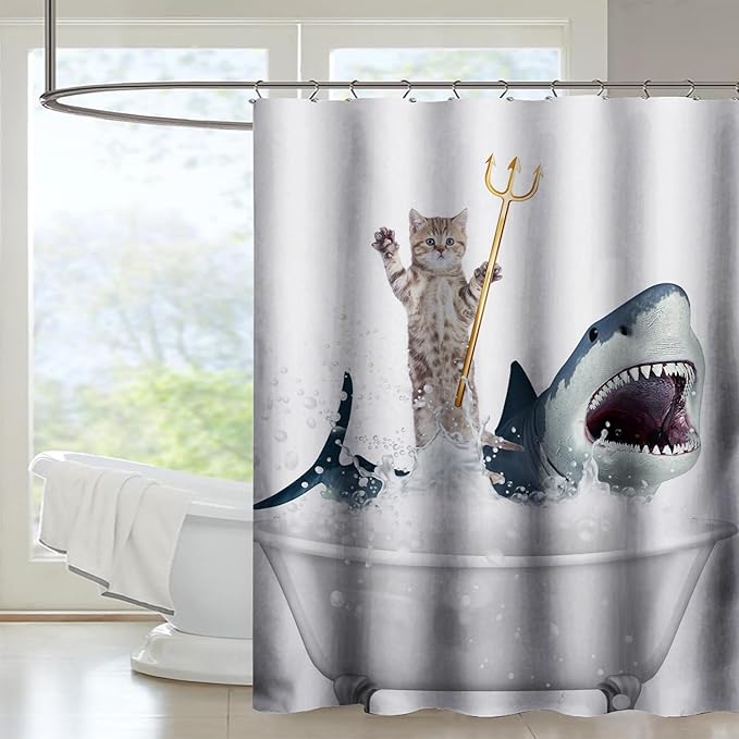 AILONEN 3D Bathtub Shark Shower Curtain for Kids 180 * 180 Inch,Cat Riding Shark in a Bathtub Shower Curtain,12 Pack Hooks Polyester Waterproof Fabric Decor for Bathroom Bathtub Panels