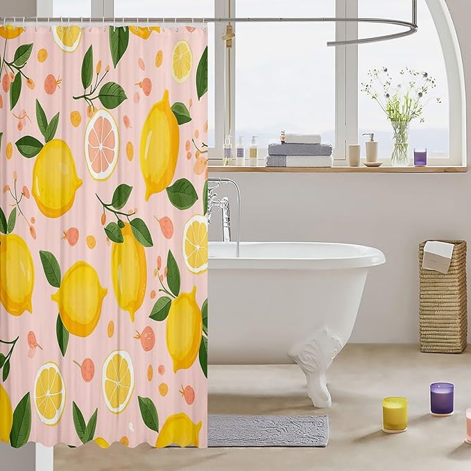 Feelyou Lemon Shower Curtain Kids Cartoon Lemon Fabric Shower Curtain Citrus Bathroom Waterproof Accessories with 12 Hooks for Women Men Yellow Pink Curtains,72x72 Inches