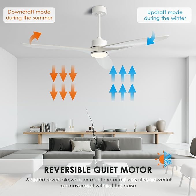WINGBO 60 Inch DC Ceiling Fan with Lights and Remote Control, 3 Reversible Carved Wood Blades, 6-Speed Noiseless DC Motor, Modern Ceiling Fan in White Finish