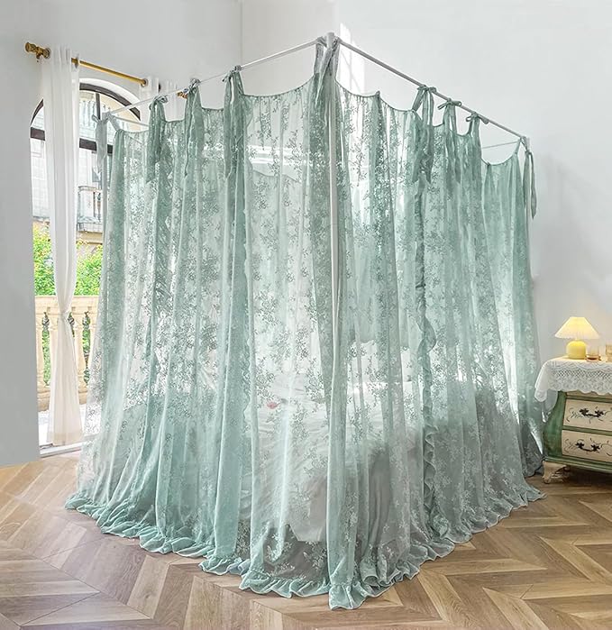 Mengersi Canopy Bed Curtains with Tie Backs,Bed Canopy Curtains Bed Drapes Sheer Lace Curtains for Bedroom Decor（King,Sage Green