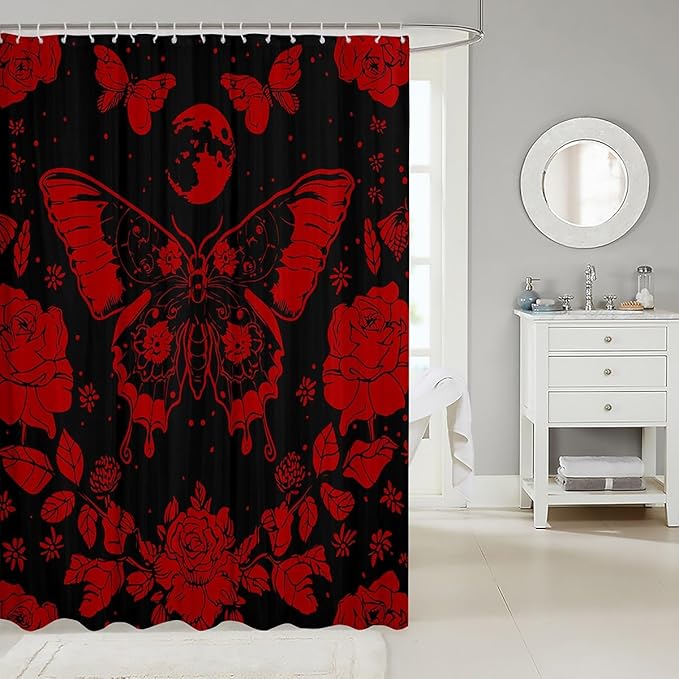 Feelyou Red Butterfly Fabric Shower Curtain Cover Botanical Floral Shower Curtain for Kids Boys Girls Butterflies Bathroom Waterproof Accessories with 12 Hooks Flying Curtains,72x84 Inches