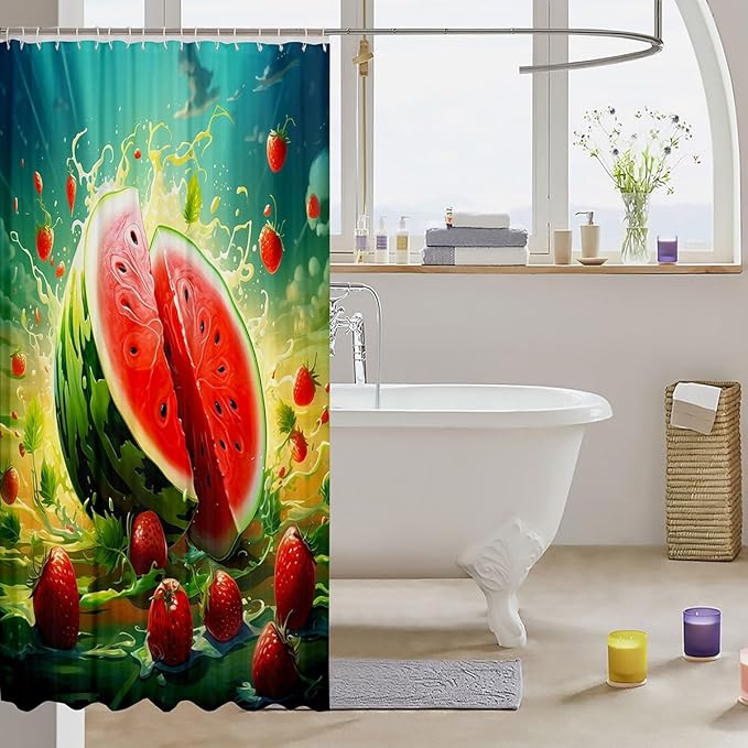 Feelyou Watermelon Shower Curtain Strawberry Fabric Shower Curtain for Kids Boys Girls Fruit Bathroom Waterproof Accessories with 12 Hooks Summer Curtains,72x78 Inches