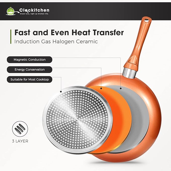 Clockitchen Non Stick Pots and Pan Set, 10pcs Cookware Set with Ceramic Coating, Non-toxic Pan Set Compatible with All Stoves, Dishwasher Safe, Copper