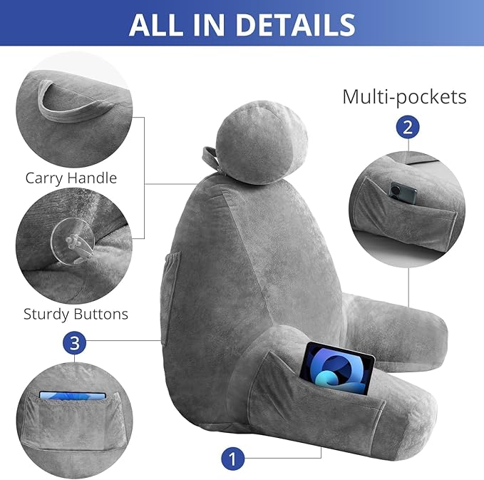 Sasttie Reading Pillow for Sitting in Bed Adult, Extra Large Back Pillow for Bed, Backrest Pillow with Detachable Head Support Cushion, College Dorm Essentials for Girls and Boys, Dark Grey