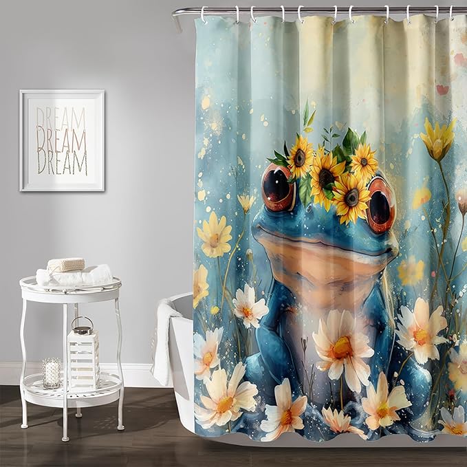 AILONEN Cartoon Frog Shower Curtain,Blue Frog with Sunflowers Polyester Cloth Bath Curtain Set for Kids Boys Girls,Amphibious Animals Shower Curtains for Bathroom,72" W*84" H