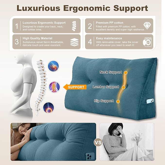 Headboard Pillow - Queen-Sized Headboard Wedge Pillow for Daybeds and Bunk Beds - Durable, Comfortable, with Removable Velvet Cover (Navy blue, 39x20x8Inches)