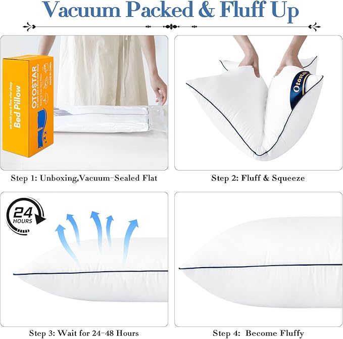 OTOSTAR Bed Pillows for Sleeping 4 Pack Queen Size Cooling Pillows Luxury Sleeping Pillow 3D Microfiber Filling Breathable Cover Soft Hotel Collection Pillows for Back Side or Stomach Sleepers