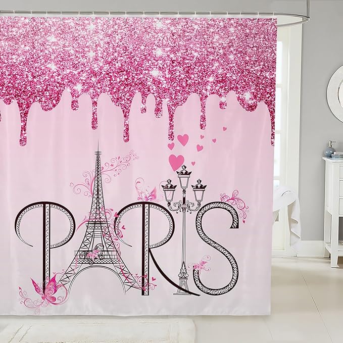 Feelyou Eiffel Tower Shower Curtain 72"x84" Glitter Romantic Paris Bathroom Shower Curtain Set for Boys Girls Teens Ombre Pink Butterfly Bath Curtain Modern French Bathroom Accessories(No Glitter)