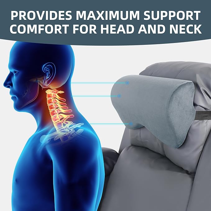 HOMBYS Cervial Recliner Neck Pillow for Pain Relief, Foam Headrest Pillow with Strap for Securing, Extra Large & Non-Slip Neck Pillow for Recliner, Sofa, Office Chair, Car, Gaming Chair, Light Grey