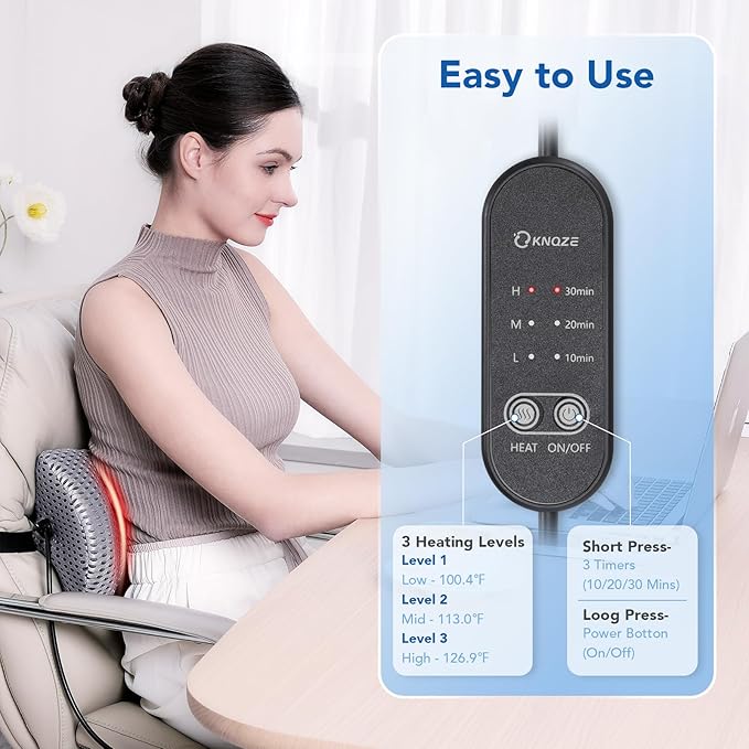 Lumbar Support Pillow Adjustable Traction Height with Heating for Lower Back Pain Relief, Memory Foam Back Pillow, Ideal for Office Chair, Recliner, Car Seat, Bed