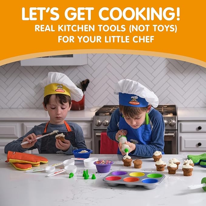 Curious Chef 38-Piece Cookie & Cupcake Kit for Kids, Dishwasher Safe & BPA-Free Plastic, Includes Real Tools - Measuring Spoon and Cup Set, Cookie Cutter, Silicone Liners, and More
