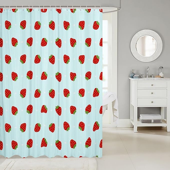Feelyou Strawberry Fabric Shower Curtain Teal Blue Kawaii Girly Shower Curtain for Kids Boys Girls Kawaii Strawberry Bathroom Waterproof Accessories with 12 Hooks Kawaii Lovely Curtains,72x78 Inches