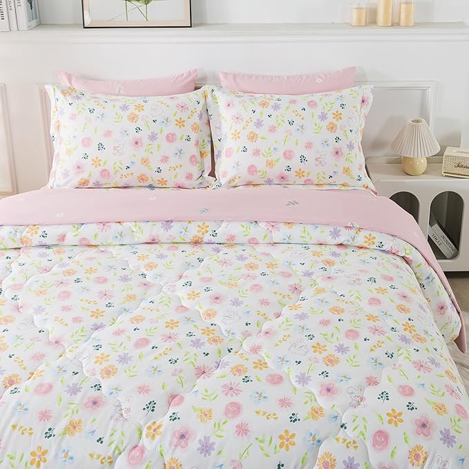 Wajade Floral Comforter Set Bed in A Bag Twin Size 7 Piece Pink Botanical Flower and Green Leaves Bedding Set for Girls (1 Comforter, 1 Flat Sheet, 1 Fitted Sheet, 2 Pillowcase and 2 Pillow Sham)