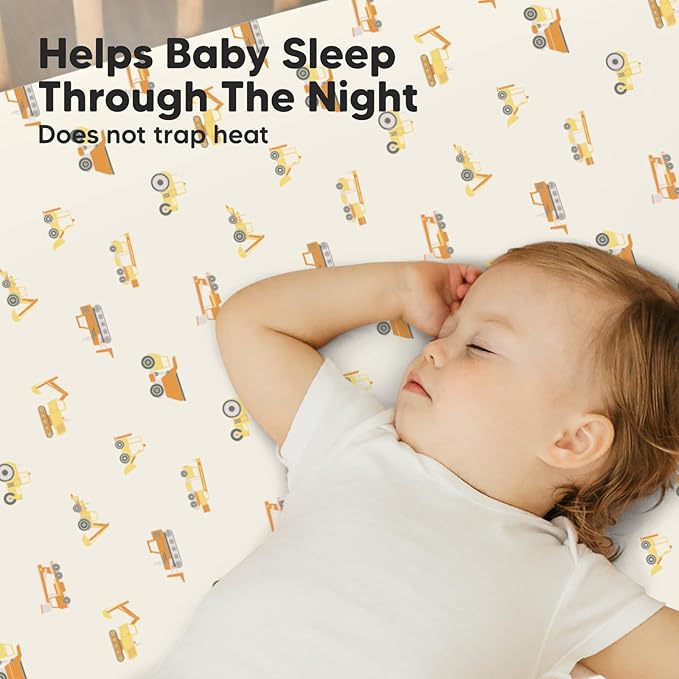 2-Pack Mini Crib Sheets Fitted, Pack and Play Sheets - Organic Cotton Pack N Play Sheets for Pack and Play Mattress, Playard Baby Crib Sheets, Jersey Crib Sheets Neutral for Boys, Girls (Construction)