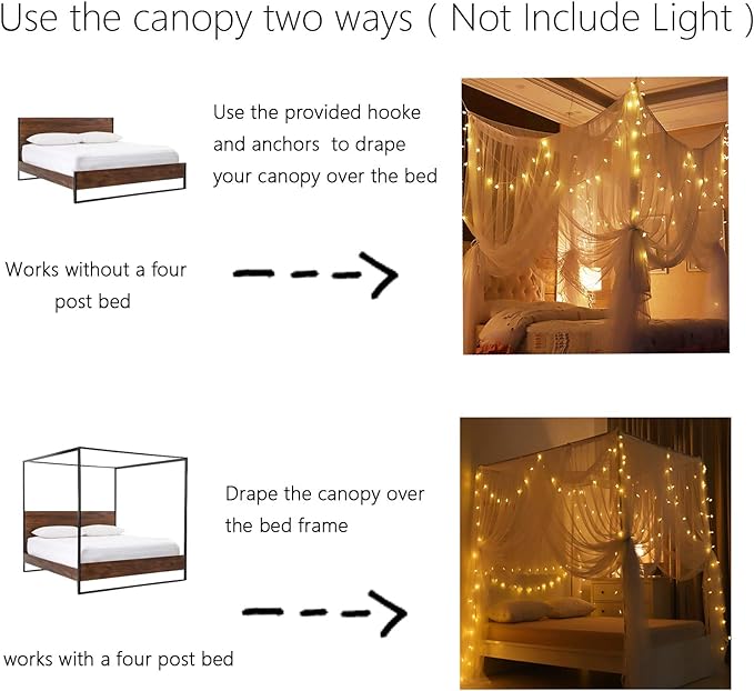 Comtelek Mosquito NET for Bed Canopy, Four Corner Post Curtains Bed Canopy Elegant Mosquito Net Set, Stick Hook &Profession Rope for net, Screen Netting Canopy Curtains, Full/Queen/King/White