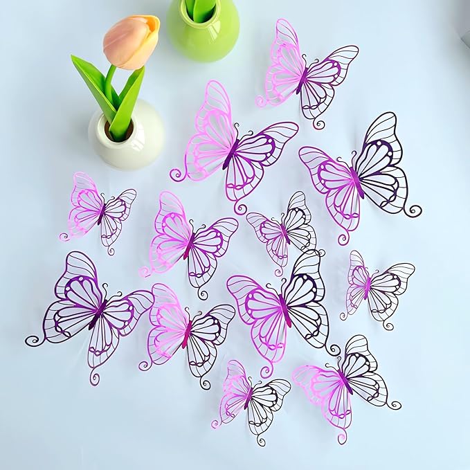3D Butterfly Wall Decor 48 Pcs 4 Styles 3 Sizes, Butterfly Birthday Decorations Butterfly Party Decorations Cake Decorations, Removable Stickers(Purple)