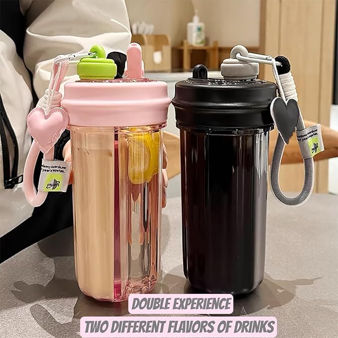 28oz Split Flask Tumbler 2 in 1 Mixed Drink Tumbler, Kawaii Cup With Storage Blender Water Bottle, Travel Camping Snack Slushie Cup With Straw (Pink)