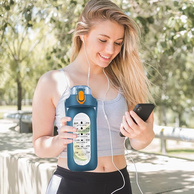 32 oz Glass Water Bottle with Time Marker - 1000ml Large Sports Motivational Water Bottles with Handle & Silicone Case, 1 Liter Leak-proof Measured Drinking Bottle for Gym Fitness Workout (Deep Blue)