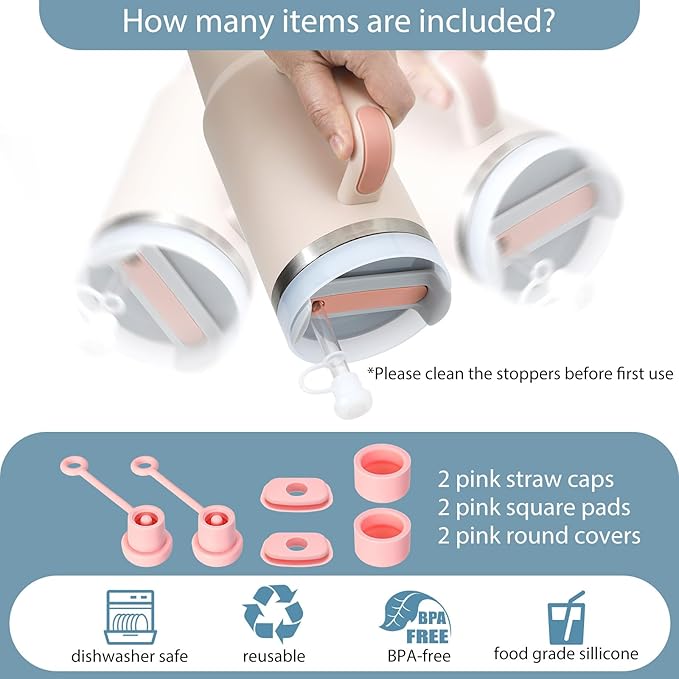 2 Set Spill Stoppers for Stanley Cup 20oz/30oz/40oz/64oz, Leak Proof Accessories for Stanley Tumbler with Straw Cap and Square Pad and Round Cover (Pink, 2)