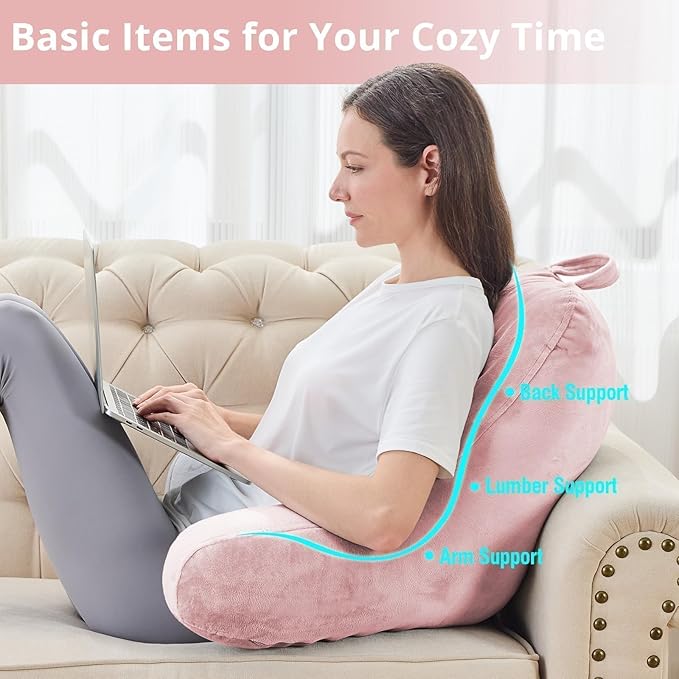 Sasttie Reading Pillow for Sitting in Bed Adult, Velvet Back Pillow for Bed Sitting Up, Backrest Back Support Chair Pillow, College Dorm Essentials for Girls and Boys, Pink
