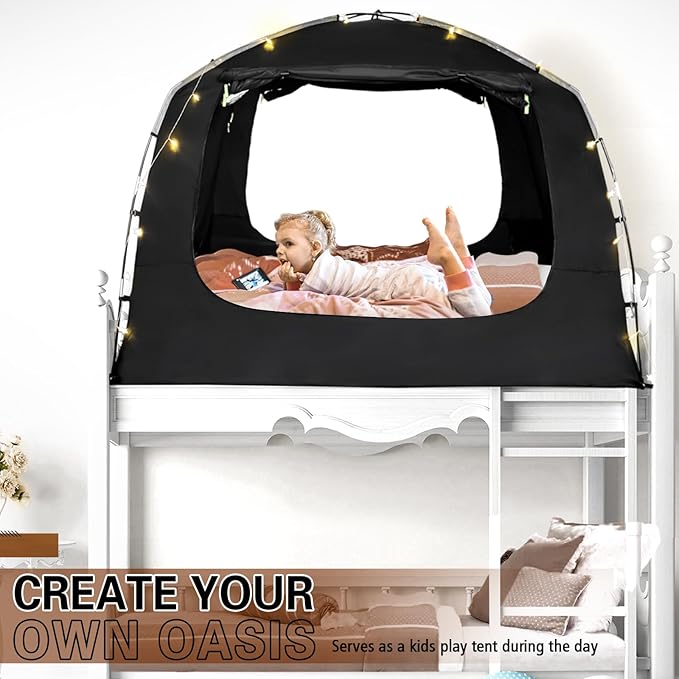 Bed Tent Bed Canopy Portable Twin Size Dream Tents 4 Doors 4 Mesh 80% Blackout - Indoor Breathable Sleeping Tents Privacy Space Tents for Adult with String Light