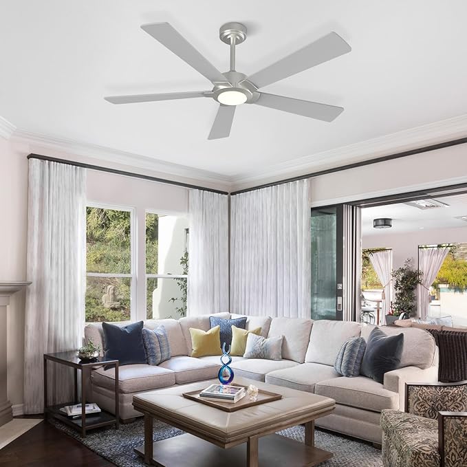 GESUM 52 Inch Smart Ceiling Fan with Light, Nickel Ceiling Fan with 5 Reversible Blades, Dimmable, 6 speed, 3CCT, Outdoor Ceiling Fan with Remote/App Control for Patio Kitchen Bedroom (Nickel)