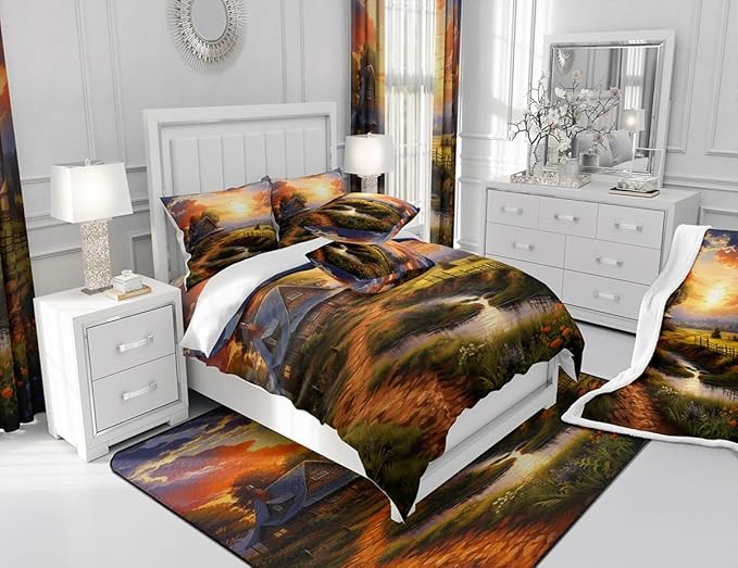 Feelyou Western Farmhouse Fabric Shower Curtain Kids Farmhouse Bathroom Waterproof Accessories with 12 Hooks for Boys Girls Sunset Shower Curtain Nutrue Theme Curtains,72x84 Inches