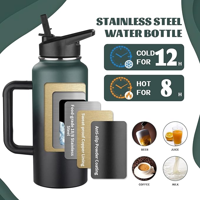 32oz Insulated Water Bottle with Handle, Stainless Steel Sports Metal Water Flask with Straw & 2 Leak Proof Lids, Double Walled Vacuum Wide Mouth Water Bottle for Travel,Camping,Gym (Dark Green Black)