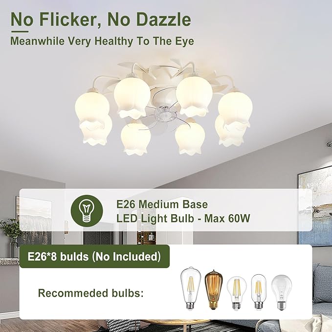 Flower Ceiling Fan with Light: White Flower Fan Lights for Girls Bedroom - Flush Mount Fandelier for Living Room - 8-Light Modern Chandelier with Fan for Home Decor Enthusiasts