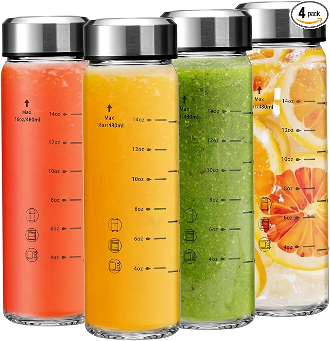 16oz Juice Bottles - 4 Pack Wide Mouth Glass Bottles with Lids- BPA Free, Stainless Steel Lids for Juicing, Smoothies, Infused Water, Beverage Storage - Leakproof, Borosilicate, Clear