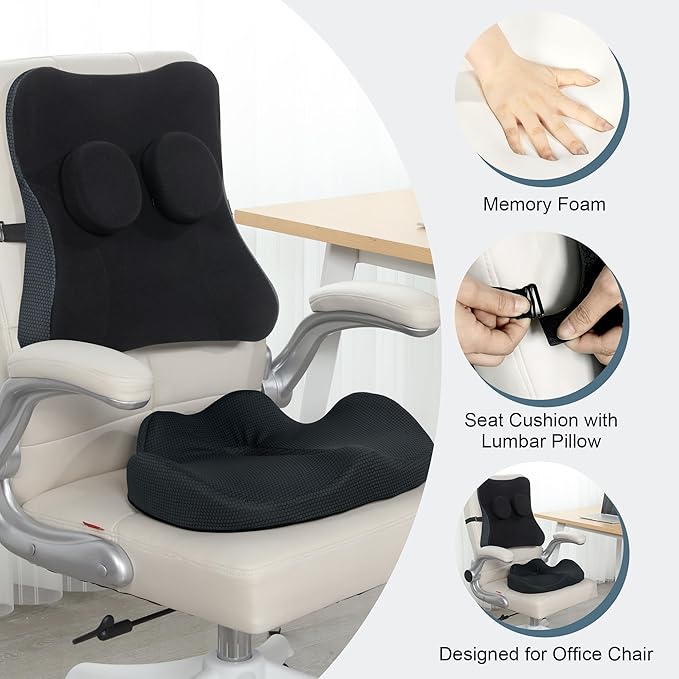 HOMBYS Memory Foam Seat Cushion & Lumbar Support Pillow for Office Chair, 2 Adjustable Sliders Attached on Back Support Pillow to Providing Accurate Support, Lower Back, Hip Pain Relief