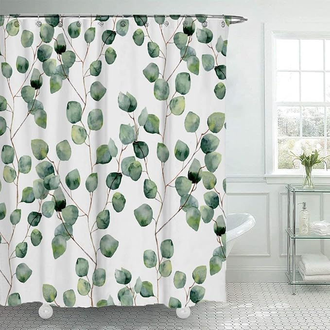 Shower Curtain Watercolor Green Floral Leaf for Bathroom Decor, 70.8" x 78.7" Waterproof Polyester Fabric Plant Shower Curtain Art Bath Curtain with 12 Hooks
