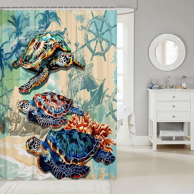 Feelyou Sea Turtle Shower Curtain Compass Fabric Shower Curtain for Kids Boys Girls Nautical Bathroom Waterproof Accessories with 12 Hooks Ocean Sea Adventure Curtains,72x84 Inches