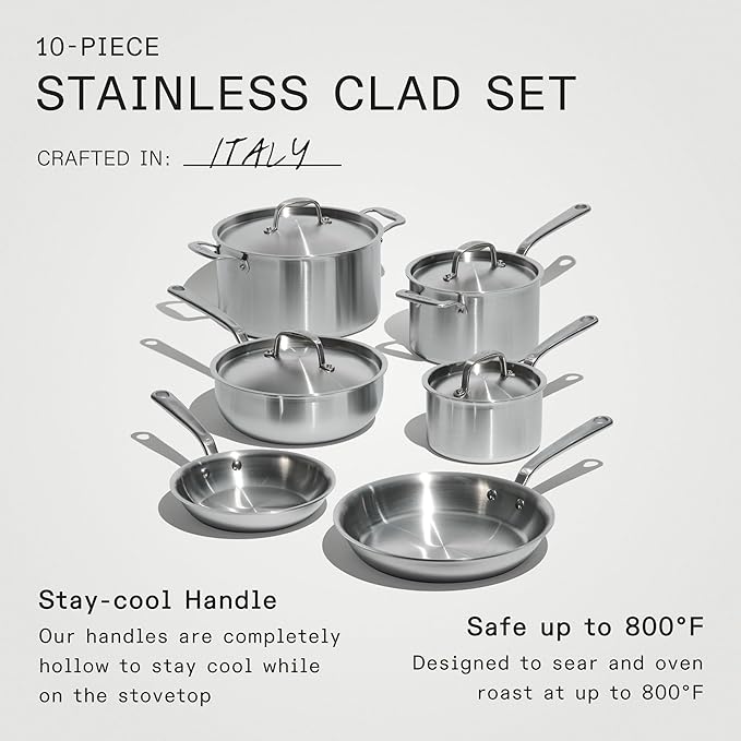 Made In Cookware - 10 Piece Stainless Steel Pot and Pan Set - 5 Ply Clad - Includes Stainless Steel Frying Pans, Saucepans, Saucier and Stock Pot W/Lid - Professional Cookware - Crafted in Italy