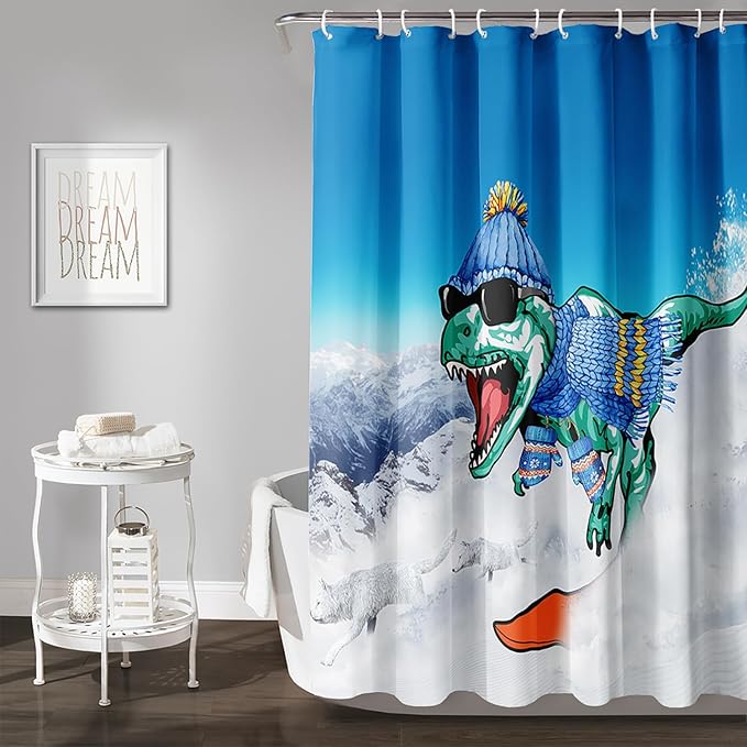 AILONEN Dinosaur Shower Curtain for Boys,Snow Wolf Shower Curtain, 48" W*72" H Waterproof Dino and Wolf Animals Themed Decor Bathroom with Grommets and Hooks
