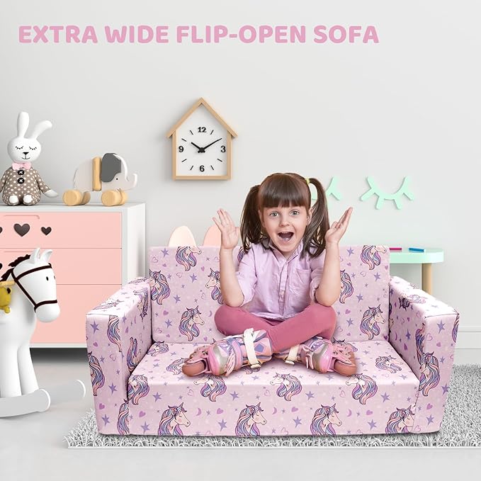 2 Seats Convertible Sofa, Extra Soft Polyester Kids Sofa with Folding Sleeper & Cute Dinosaur Print, Machine Washable, for Girls & Boys