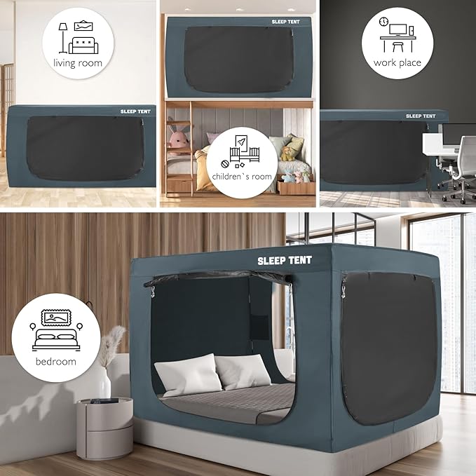 BORNA Bed Tent Twin Bed Canopy for Indoor Portable Light Reducing Sleeping Canopy for Kids and Adult,Bunk Blackout Tents Breathable Privacy Space Tent Mosquito Netting for Bed(Navy Blue)