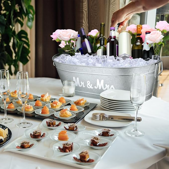 2 Pcs 5.5 Gallons Galvanized Tubs,Large Beverage Tubs,Drink Buckets for Parties with Handles,Metal Ice Buckets for Parties Galvanized Bucket for Wedding Halloween Christmas(Mr and Mrs)