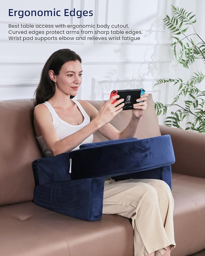 Weighted Idea Reading Pillow for Gaming, Extra Large Arm Rest Pillow for Adult，Lap Desk Pillow Gaming Pillow with 2 Side Pockets for Gaming, Reading, Working Sitting in Bed Floor Sofa (Blue)