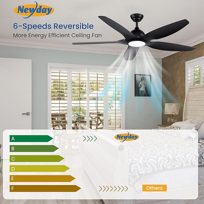 Newday 60 inch Black Ceiling Fan with Light Remote Control, Dimmable 3 CCT LED Ceiling Fans with Lights, 6 Speeds Reversible DC Motor Modern Ceiling Fan for Living Room Bedroom Indoor Outdoor