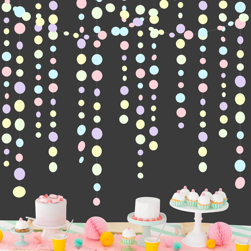 Pastel Party Decorations Blue Purple Pink Yellow Green Circle Dots Garland Hanging Paper Polka Dot Streamer for Birthday Baby Shower Wedding Bridal Shower Macaron Spring Easter Party Supplies