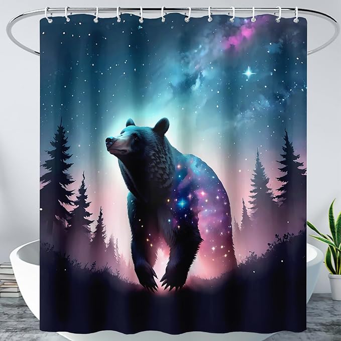 AILONEN 3D Bear Shower Curtain for Bathroom,Evening Starry Black Bear Printed Bath Curtain,Forest Wildlife Decoration Shower Curtain Waterproof 60" W*72" H
