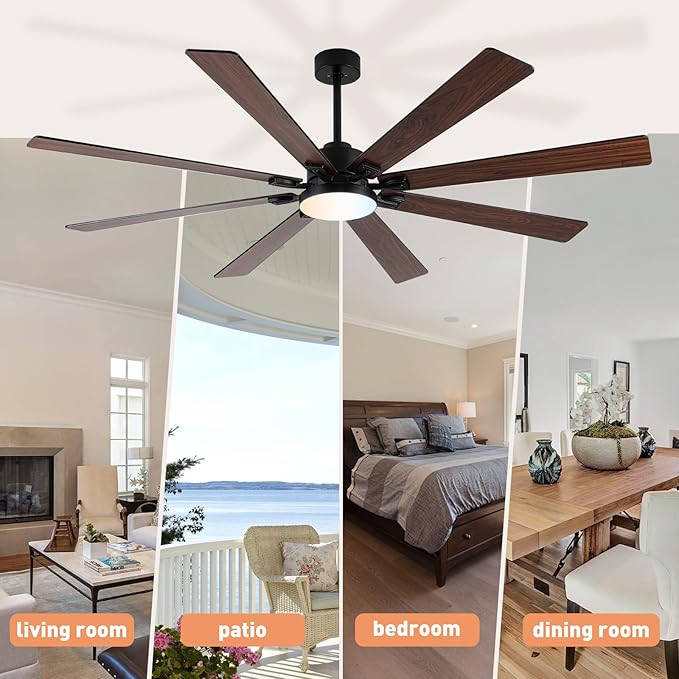 72Inch Large Ceiling Fan with Lights and Remote,Black Indoor & Outdoor Ceiling Fan for Living Room,Patio,6 Speed,Quiet DC Motor,3CCT,8 Wooden Blades