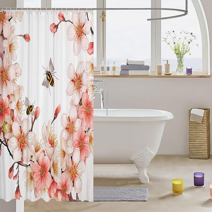Feelyou Peach Blossom Shower Curtain Boys Girls Flower Floral Fabric Shower Curtain for Kids Honey Bathroom Waterproof Accessories with 12 Hooks Pink Curtains,72x84 Inches