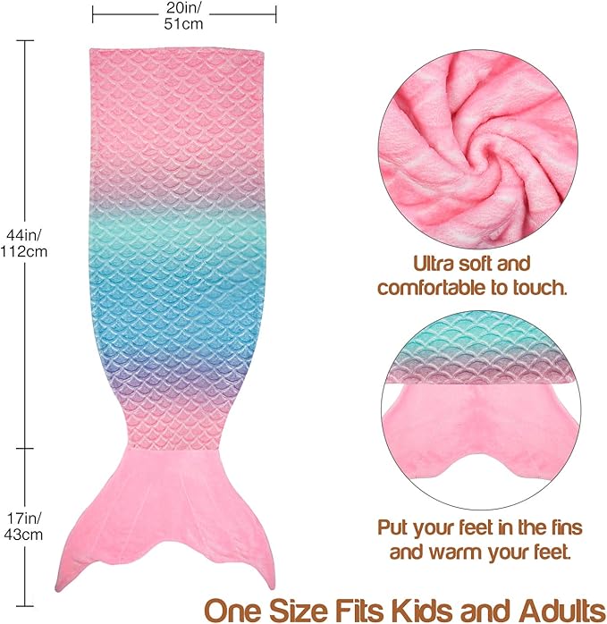 Catalonia Kids Mermaid Tail Blanket, Super Soft Plush Flannel Sleeping Snuggle Blanket for Girls, Rainbow Ombre, Birthday Gift for Daughter