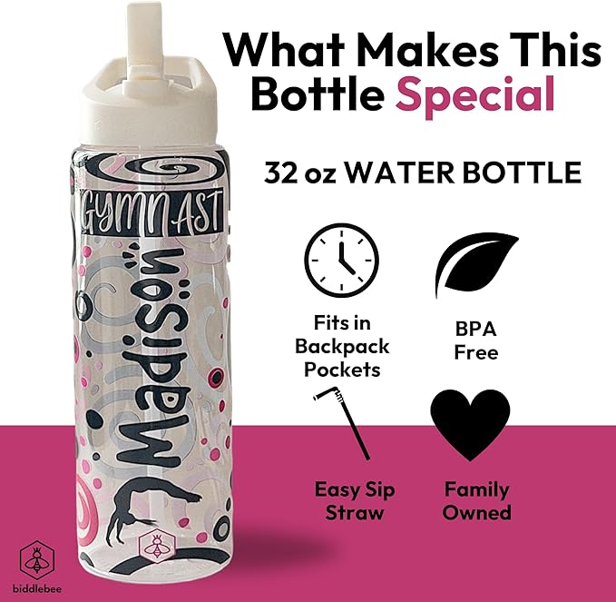 32oz Cheerleader Water Bottle with Straw Lid | BPA-Free Reusable Bottles for Cheerleaders, Cheer Team or Cheerleading Coach | Great Gifts for Girls, Coaches (Custom Gymnast)