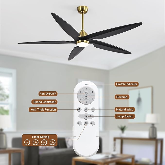 64 Inch Modern Ceiling Fan with Lights and Remote, 5 Wood Blades, 6-Speed Noiseless Reversible DC Motor with Replaceable Downrods for Bedroom Living Room Dining Room, Gold and Black