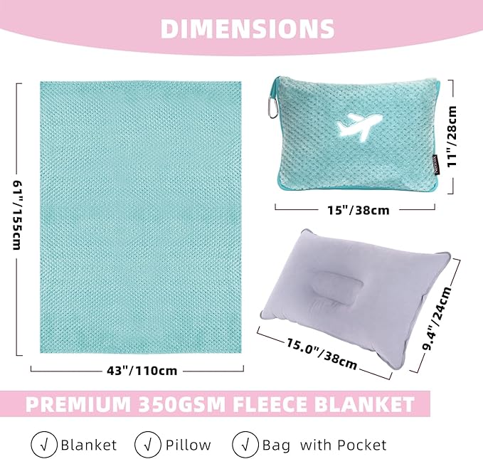 4 in 1 Travel Blanket and Pillow Set with Airplane Footrest - 350 GSM Thick Travel Blanket Airplane Compact with Bag, Inflatable Pillow, Foot Hammock for Plane Travel (Green)