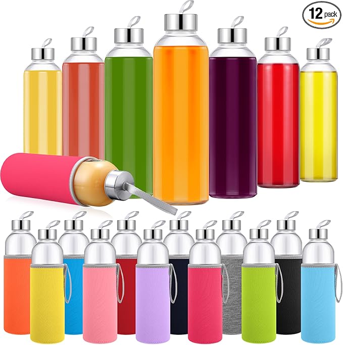 12 Set 24 oz Clear Glass Water Bottles, Reusable Glass Juicing Bottles with Colorful Protection Sleeve and Stainless Steel Leak Proof Lids for Milk Smoothie Juice Beverage Tea